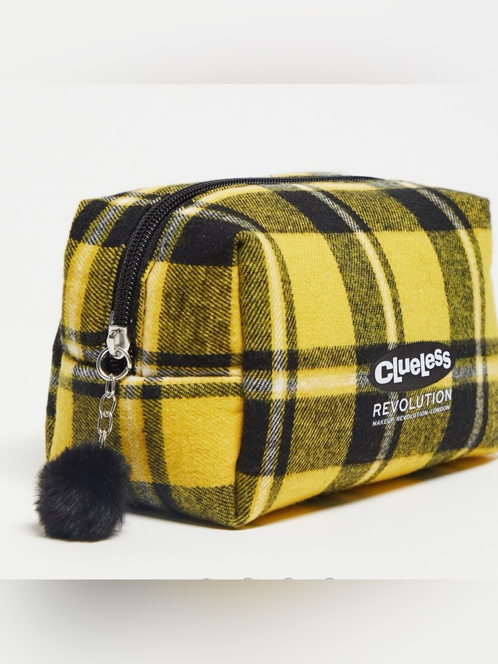 Revolution Yellow & Black Plaid Cosmetic Case with Pom Pom